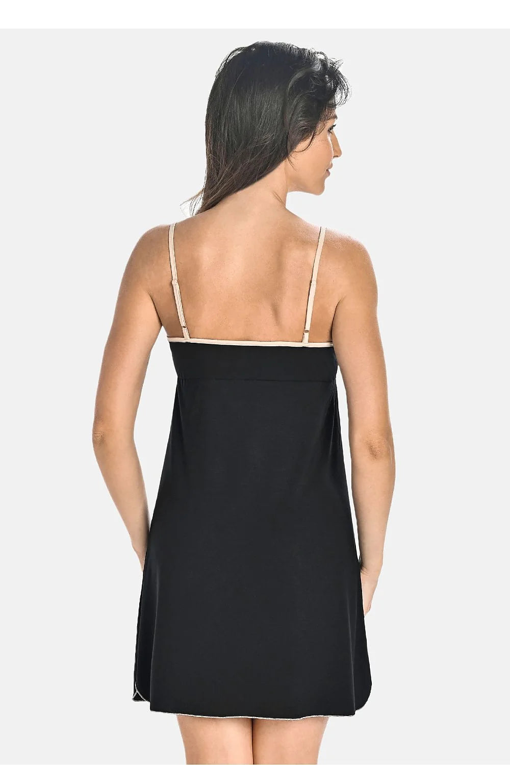 nuisette noire femme bretelles fines réglables bambou élasthanne respirante mi cuisse fentes latérales empiècement froncée ruban écru nœuds