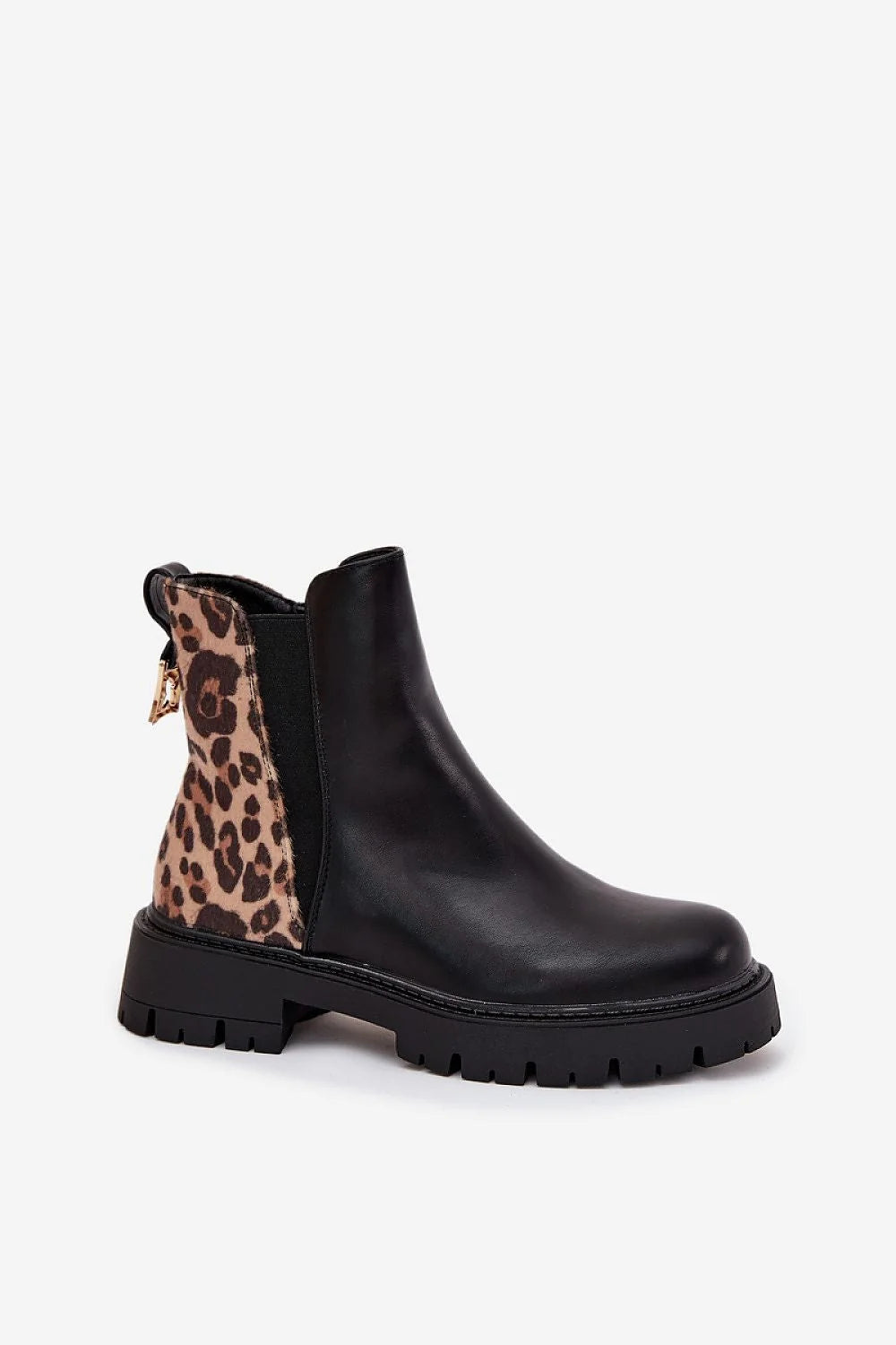 bottines femme simili cuir noir chelsea cheville bout rond semelle crantée chunky antidérapante panneaux élastiques latéraux fermeture éclair tirette dorée