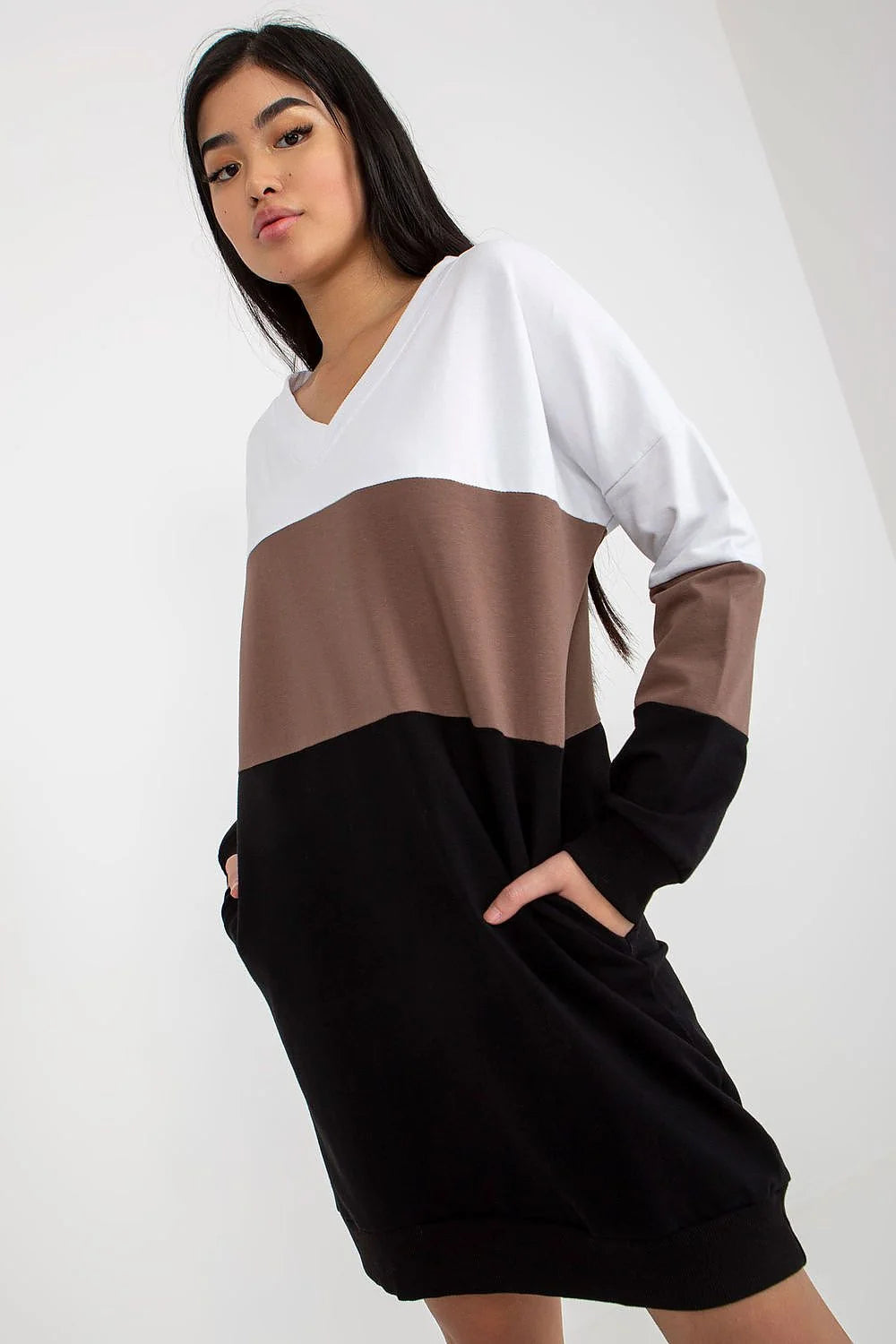 Robe décontractée moderne Rue Paris manches longues encolure cœur tricolore coton élasthanne femmes occasion quotidienne