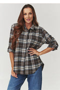chemise femme carreaux tartan flanelle brossée doux coupe ample base arrondie fentes latérales manches longues retroussées boutons centraux automnal italienne