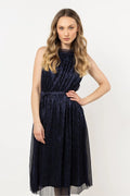 Robe de soirée élégante sans manches en polyester bleu marine plissée ceinture taille ajustable femme
