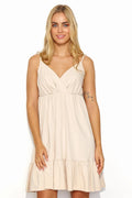 robe été courte beige maille légère femme babydoll jersey doux bretelles fines décolleté V croisé taille empire froncée