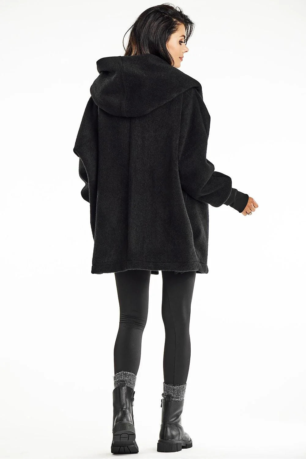 Manteau kimono à capuche pour femme, coupe ample en laine noire, style moderne et élégant