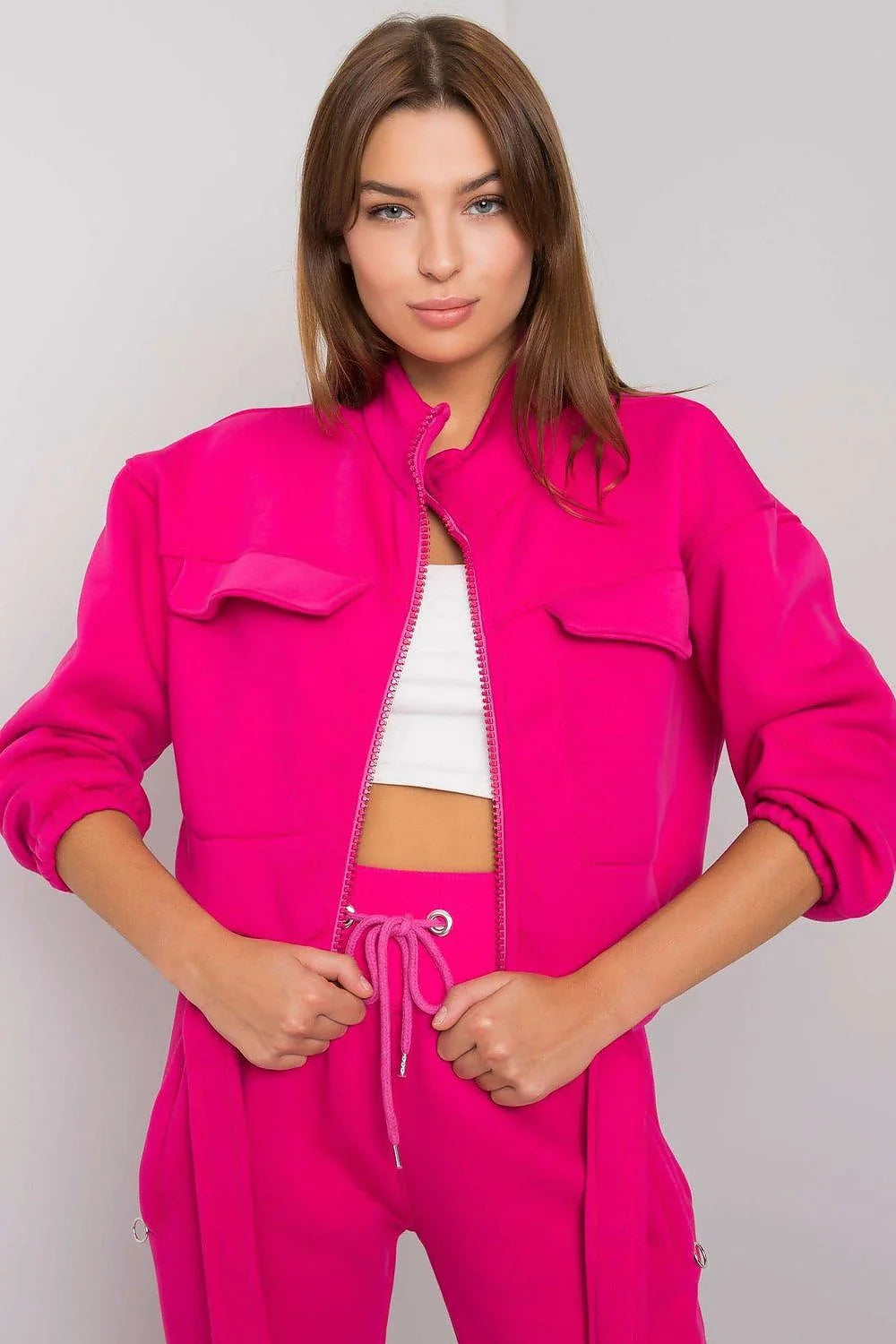 Ensemble sportif femme veste pantalon fuchsia polyester élasthanne décontracté confort poches cargo taille haute