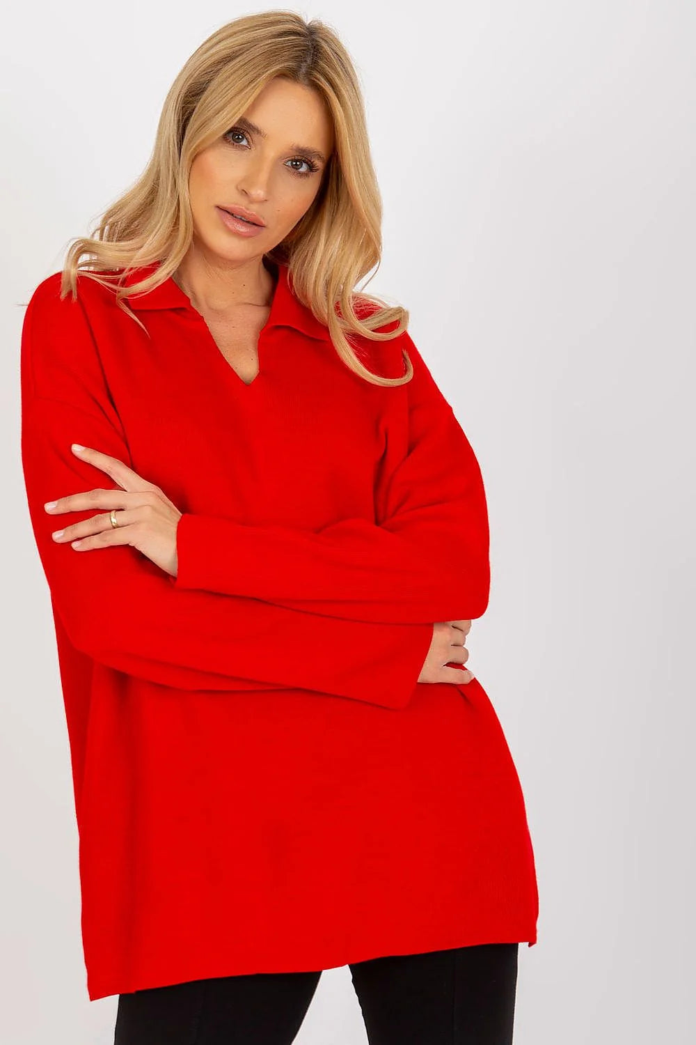 Pull-over femme Rue Paris rouge vif ample manches longues encolure ras du cou acrylique 100% tailles universelles mode Casual