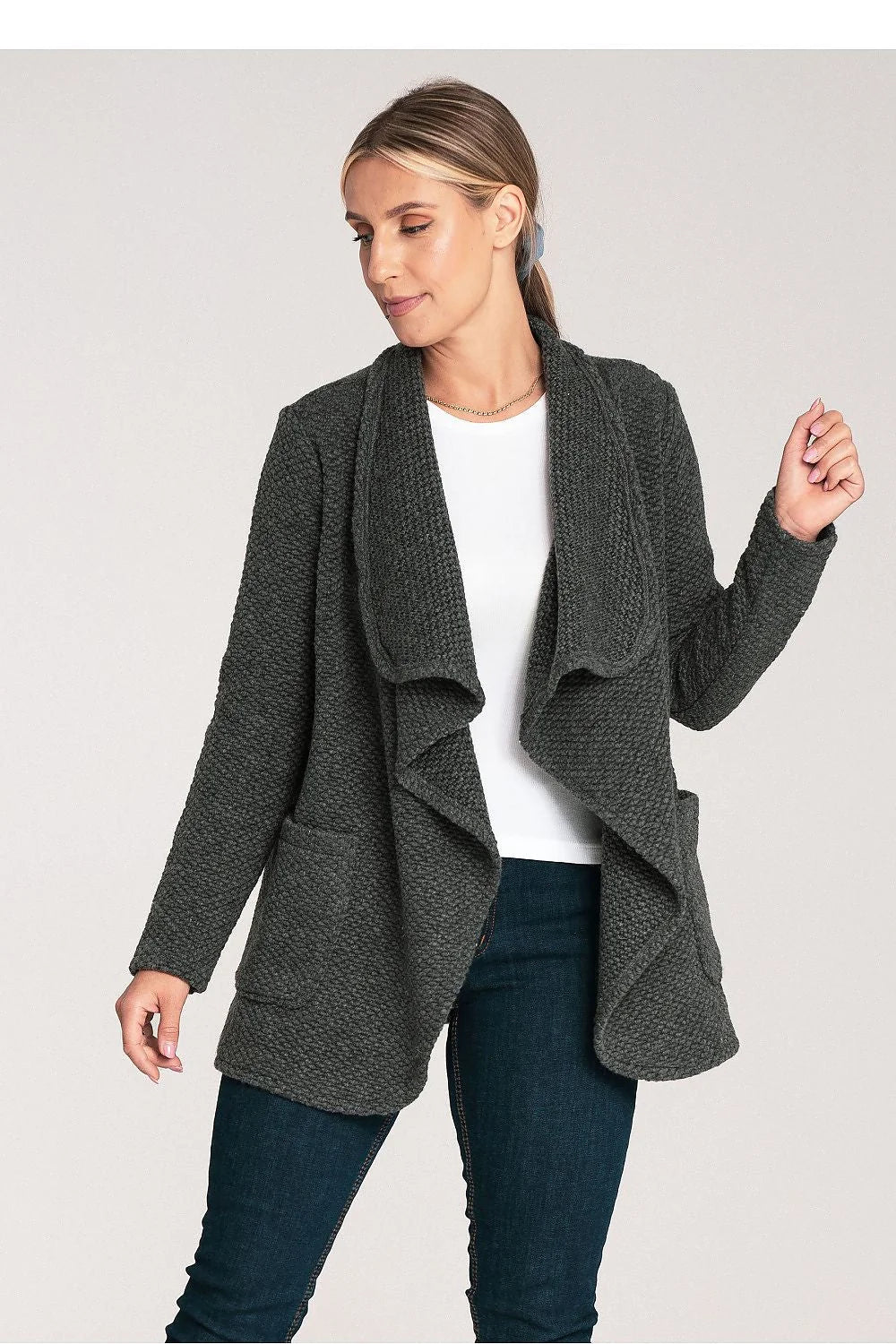 cardigan femme moderne élégant tricot maille épaisse mélange acrylique polyester laine coupe ample col châle