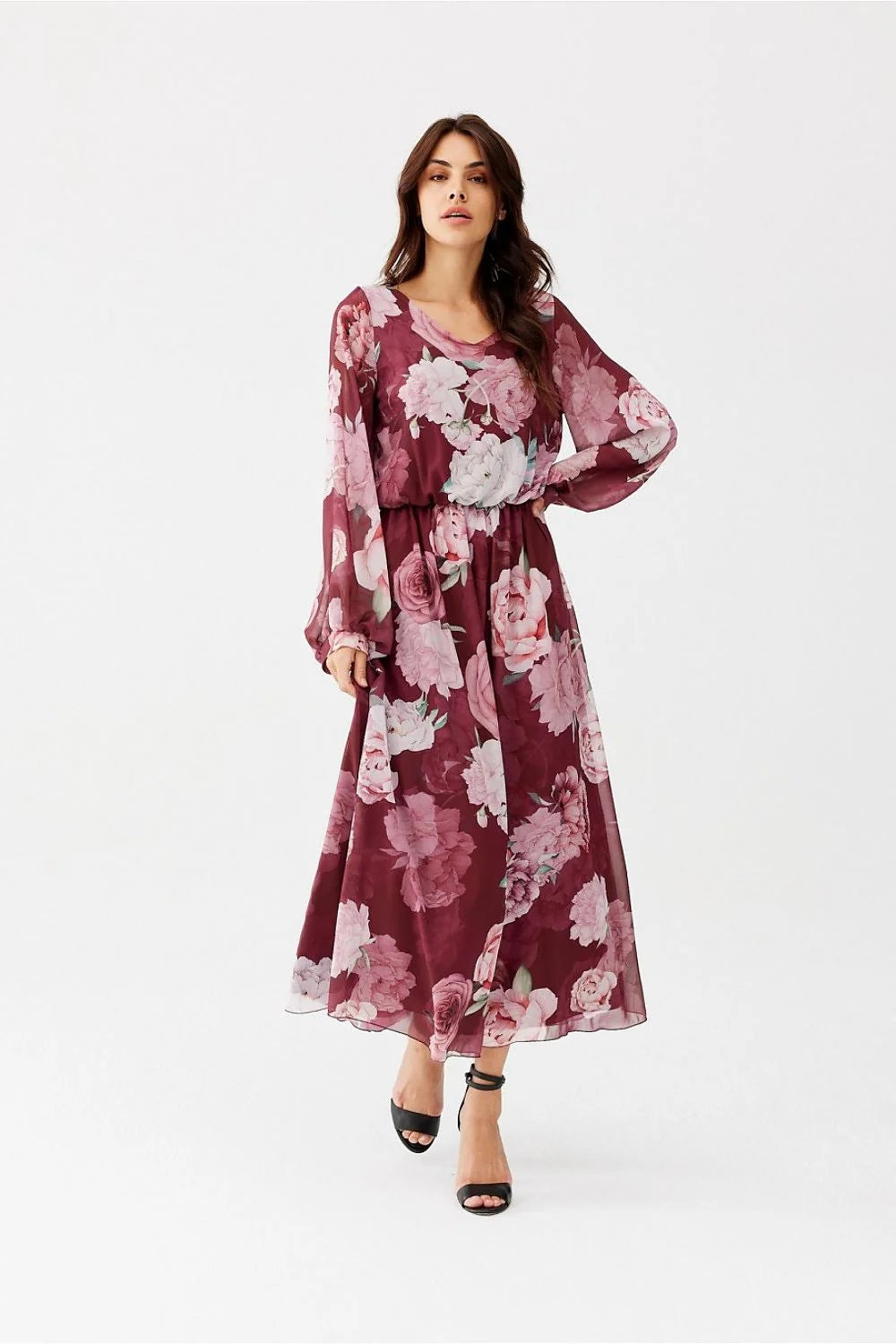 robe longue bohème chic Ariela mousseline imprimé floral bordeaux rose lilas manches longues bouffantes taille élastiquée jupe fluide doublée vaporeuse