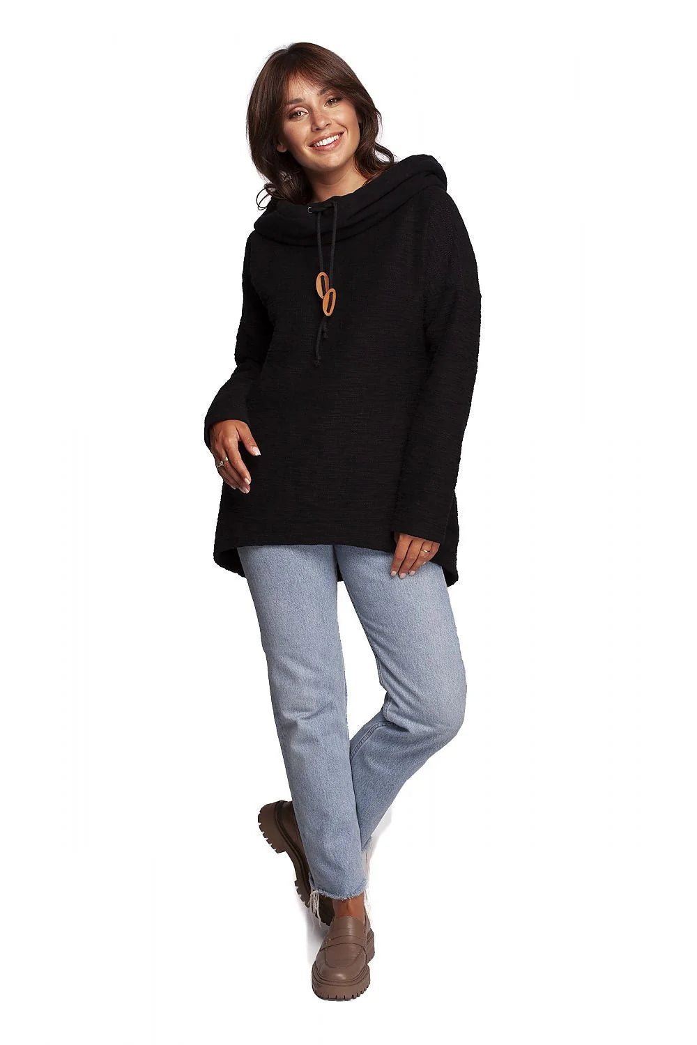 sweatshirt oversize femme crème coton doux confortable coupe ample tunique asymétrique col cheminée cordons pastilles marron poches latérales manches longues
