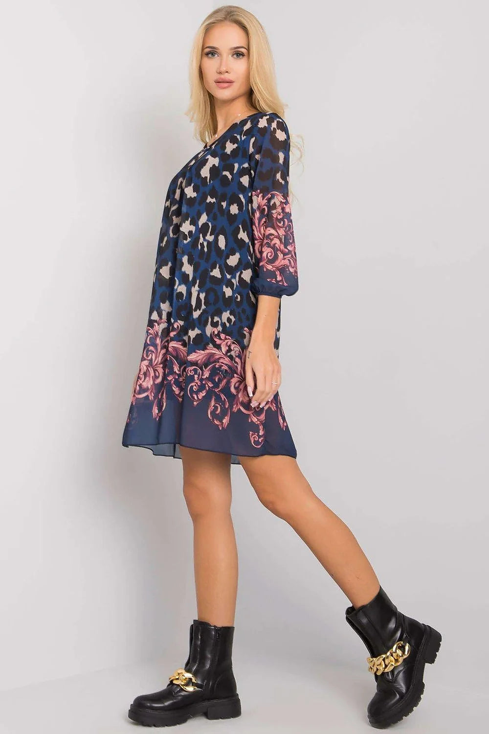 Robe de jour audacieuse Och Bella motif léopard coupe trapèze manches longues encolure ronde doublée polyester viscose femme