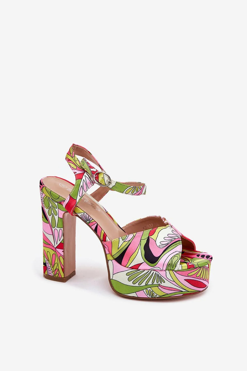sandales femme talon carré haut plateforme compensée multicolore imprimé floral psychédélique bout ouvert bride cheville réglable