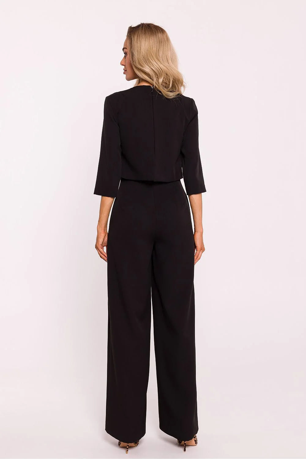 Ensemble féminin sophistiqué noir deux pièces coupe large manches trois quarts hautes taille femme occasionnels professionnels élégants