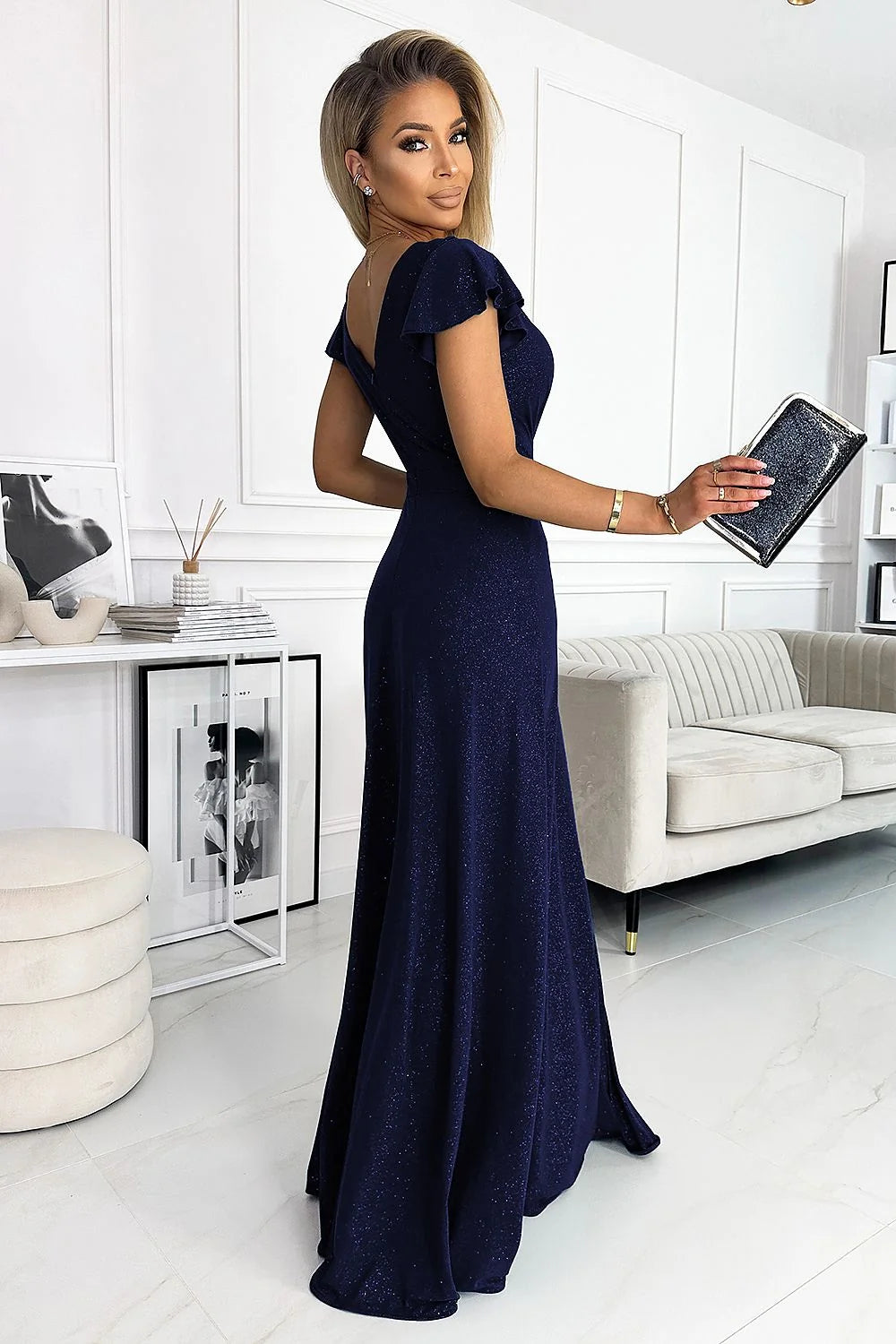 Robe de soirée élégante longue à paillettes bleu nuit décolleté V manches volantes fente latérale ajustée à la taille