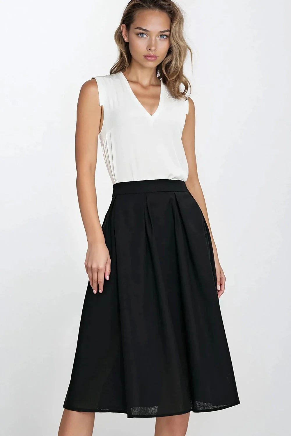 jupe midi Nife élégante confortable rayonne lin mélange coupe régulière taille haute évasée plis décoratifs poches latérales