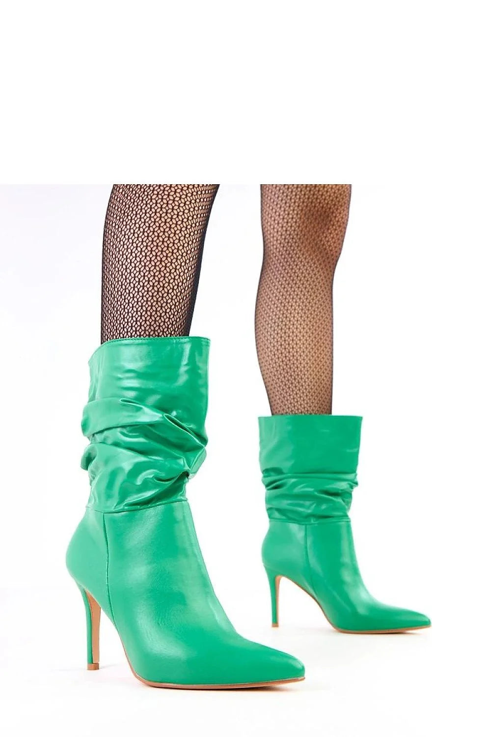 bottines talon aiguille mi mollet plissée froncée similicuir verni vert émeraude bout pointu semelle tissu confortable enfiler soirée élégant habillé