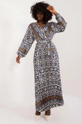 Robe bohème moderne imprimé géométrique longue manches longues ceinture ajustable couleur bleu marine et blanc