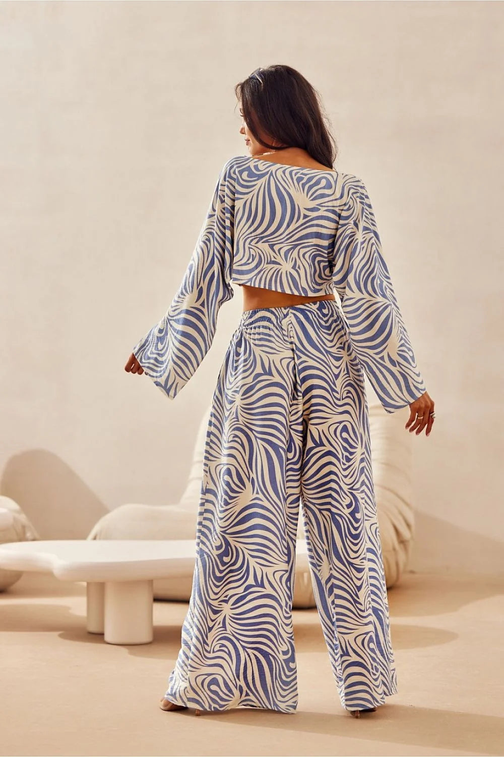 Ensemble femme crop top pantalon large zébré bleu blanc tunique fluide été高 waist高 taille ajustable