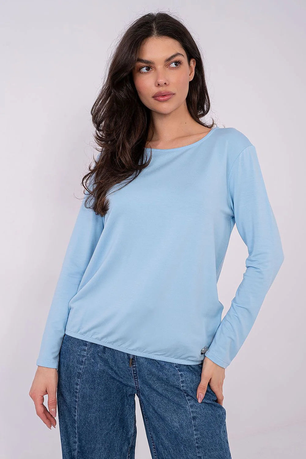 chemisier femme manches longues encolure bateau bleu ciel jersey doux extensible modal elasthanne coupe droite ample basique minimaliste