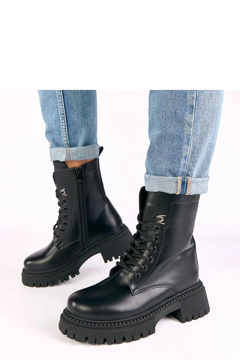 bottines montantes femme cuir écologique noir lisse bout rond semelle plateforme 5cm talon bloc crantée lacets zip intérieur rembourrage doux