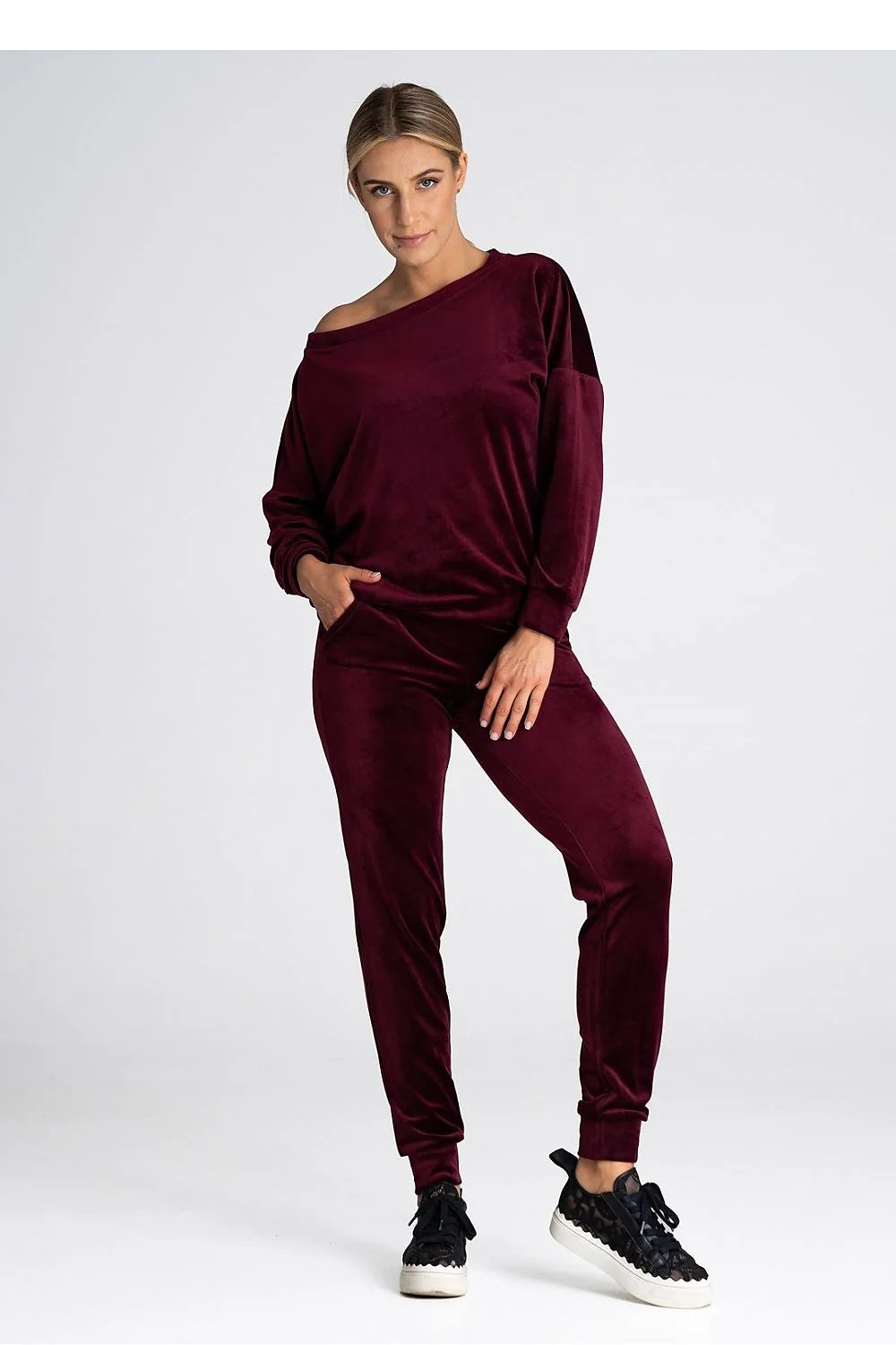 Pantalon survêtement moderne pour femmes en velours bordeaux taille élastiquée coupe droite confortable manches longues coudes côtelées