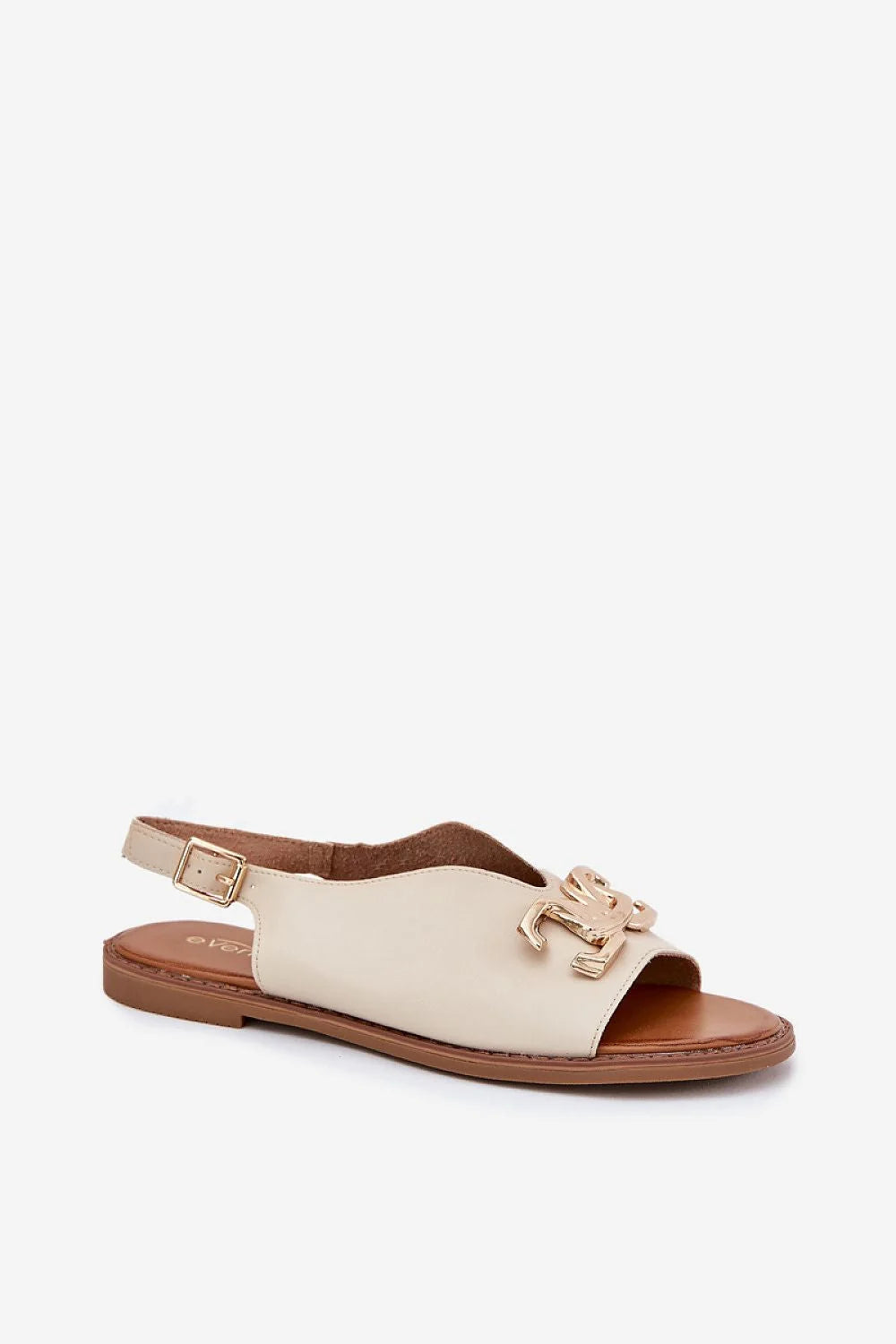 Sandales pour femme élégantes en cuir artificiel ouvertes talon plat ornement doré été 2023