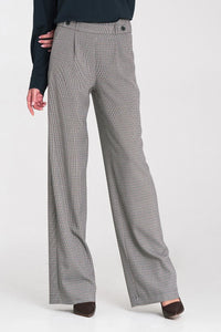 pantalon femme tailleur taille haute coupe relaxed wideleg jambe longue fluide tissu microcarreaux gris plis boutons ceinture poches