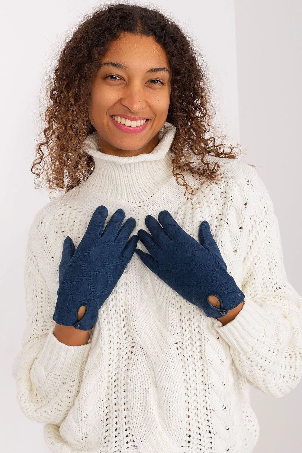 Gants élégants pour femmes en tissu isolant motif géométrique bleu marine index brodé confortable style chic coupe ajustée