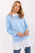 Top féminin design layeré couleur pastel bleu chemisier col manches longues ourlet volanté femme casual chic