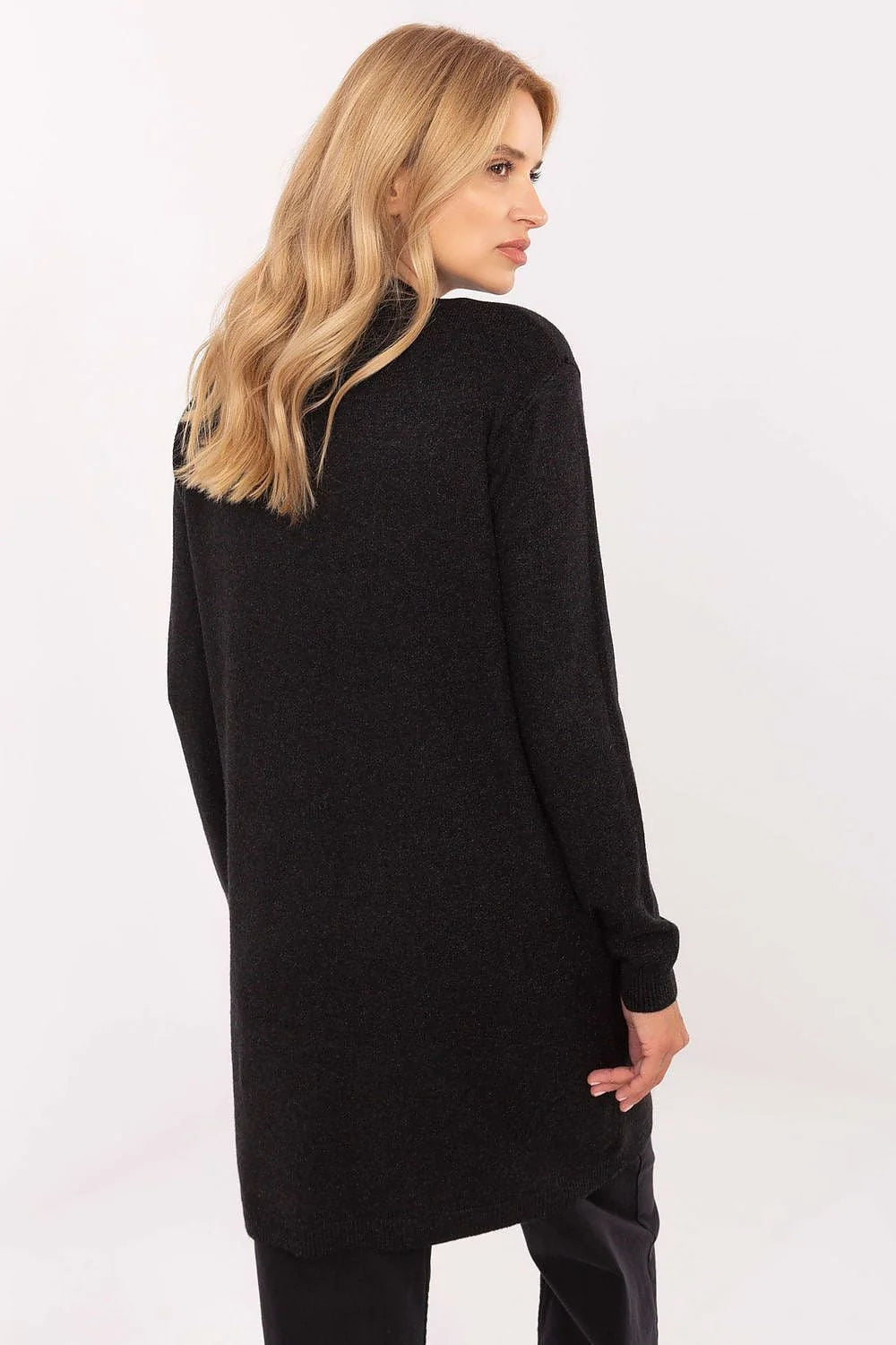 cardigan long femme gilet ouvert mi cuisses maille tricotée noir col châle manches longues poches plaquées côtelés