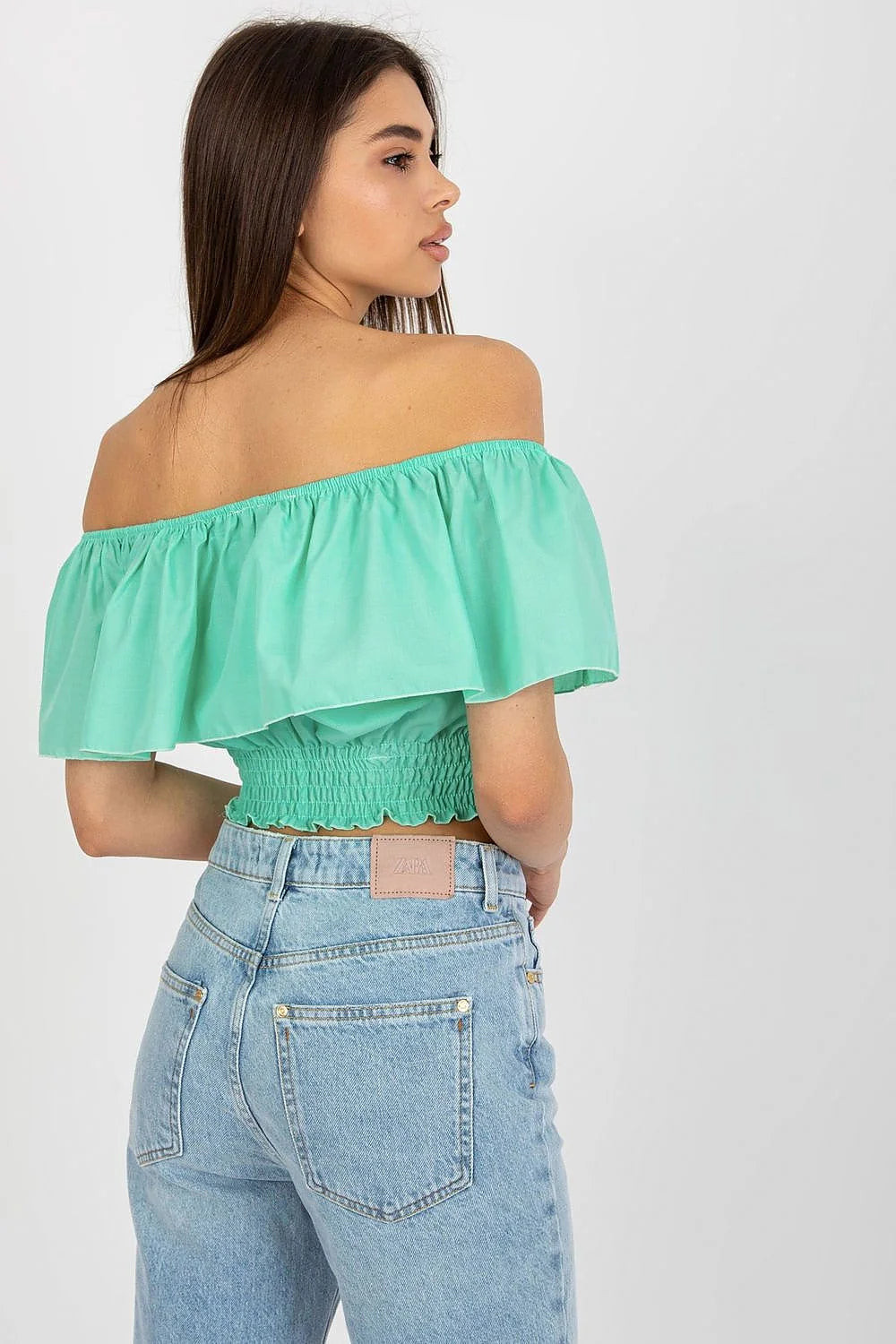 top femme bardot court crop vert menthe grand volant drapé encolure élastiquée corsage smocké coton élasthanne léger bohème