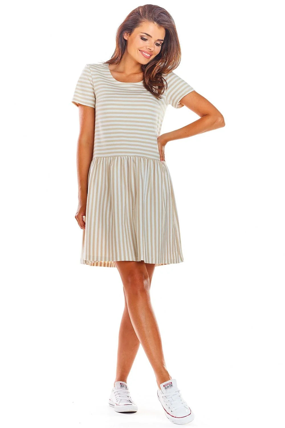 Robe de jour moderne Infinite You rayures horizontales et verticales coton élasthanne manches courtes col rond femme élégance quotidien semi-formel