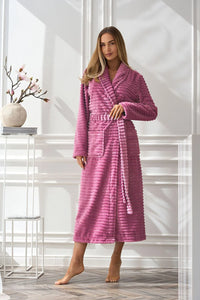 peignoir femme midi velours côtelé fuchsia kimono col châle ceinture nouée grandes poches plaquées microfibre pelucheuse manches longues coupe droite