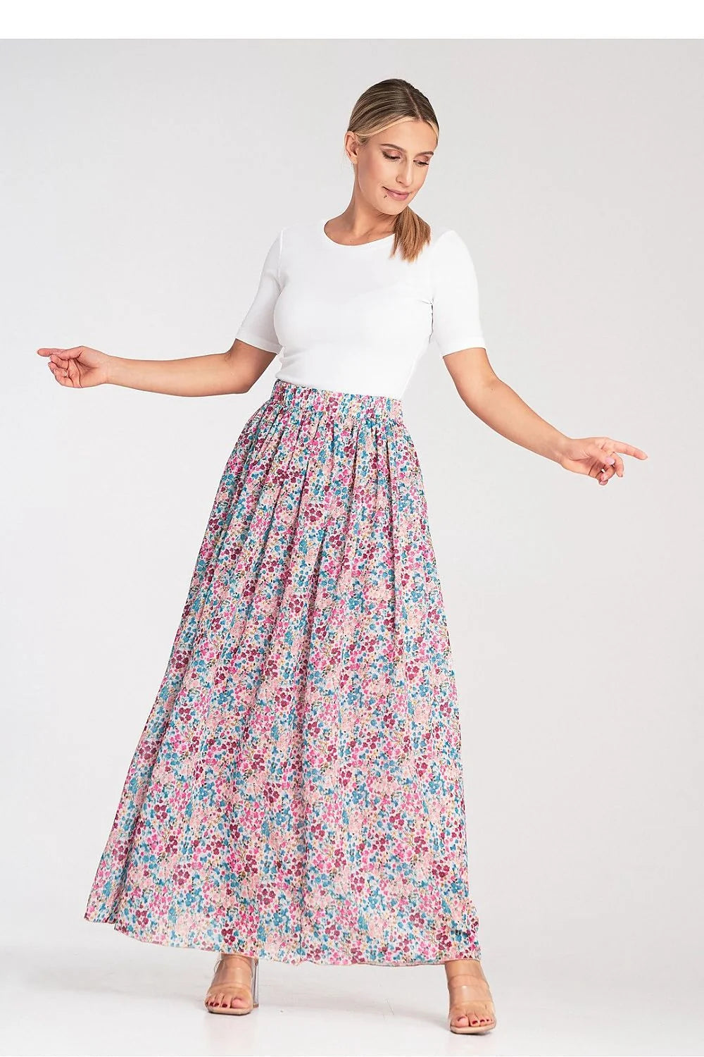Jupe longue fleurie deux pièces taille haute tissu fluide viscose polyester femme été printemps