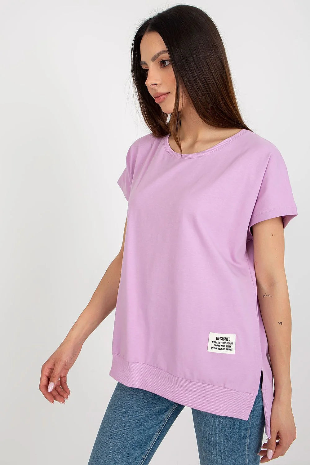 chemisier relevance coton élasthanne ample coupe droite manches courtes col rond lilas pastel jersey base côtelée