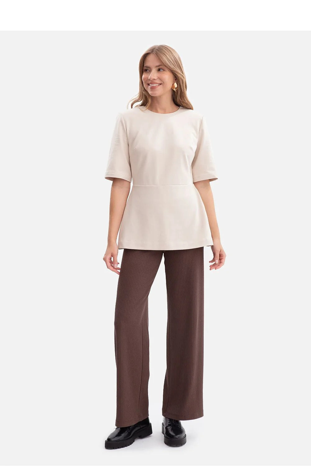 chemisier BeWear jersey 260g doublure boucle confortable élégant col rond manches coude coupe basque évasée cintrée beige crème