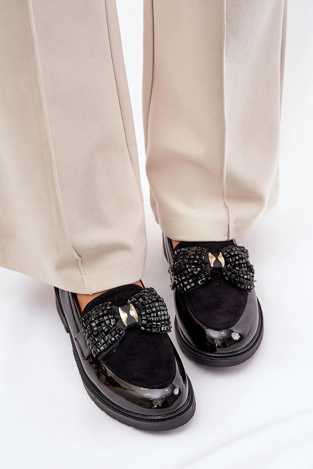 Moccasins élégants pour femmes style Step in style, cuir artificiel, noir, confortable, occasionnels formels et décontractés, semelle robuste, nœud Perl, S.Barski