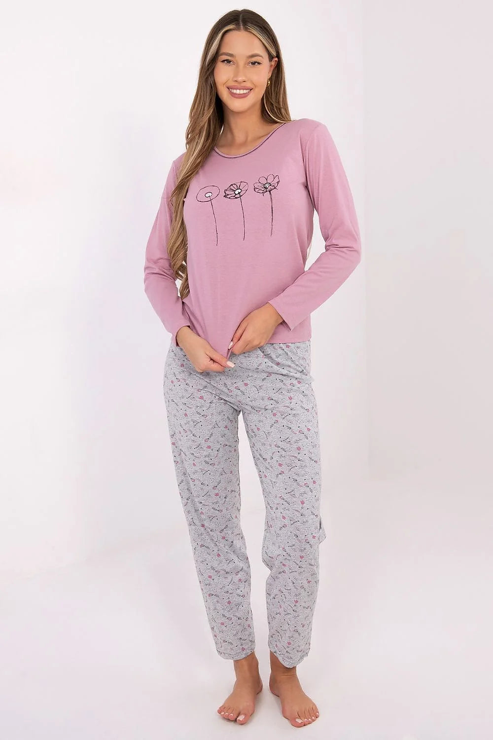 pyjama femme deux pièces coton doux respirant manches longues encolure ronde haut imprimé floral trois fleurs pantalon gris chiné confortable