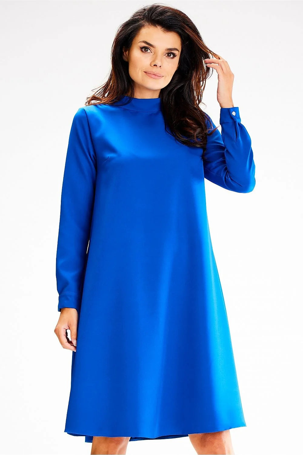 Robe élégante bleu cobalt manches longues col montant coupe droite évasée robe jour awama femme occasionnels