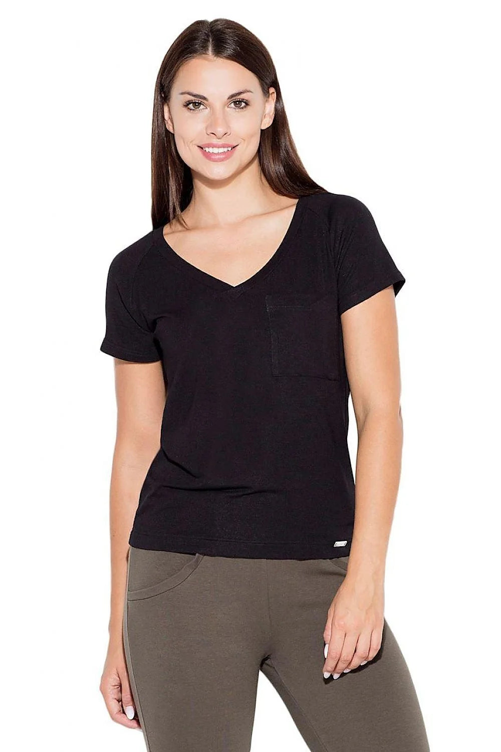 T-shirt noir coton basique confort col V ajusté manches courtes style casual prêt-à-porter féminin