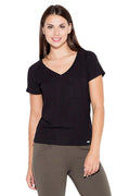 T-shirt noir coton basique confort col V ajusté manches courtes style casual prêt-à-porter féminin