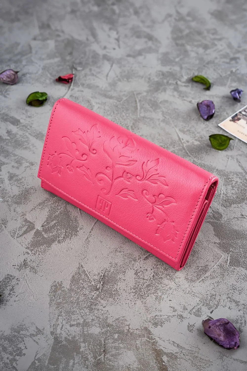 Portefeuille femme Galanter en cuir naturel floral embossé compartiments multiples RFID protection rose vif moderne élégant