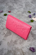 Portefeuille femme Galanter en cuir naturel floral embossé compartiments multiples RFID protection rose vif moderne élégant
