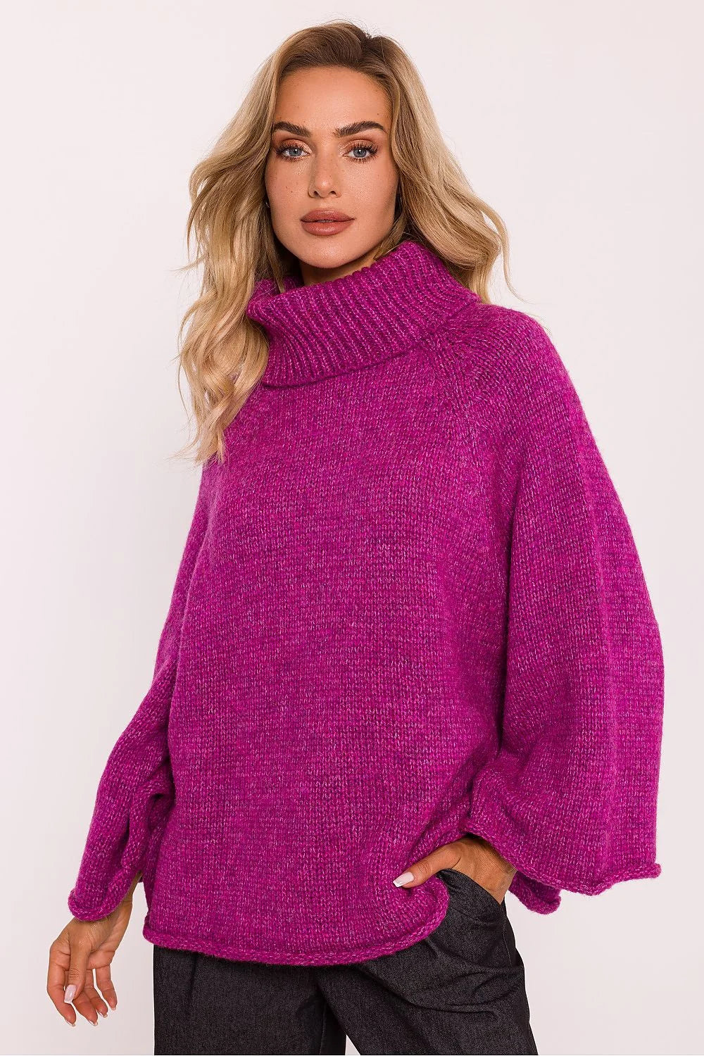 Pull à col roulé femme maille épaisse violet vibrant oversize manches longues coupe ample automne-hiver confort style moderne Poland polyacrylonitrile polyester laine