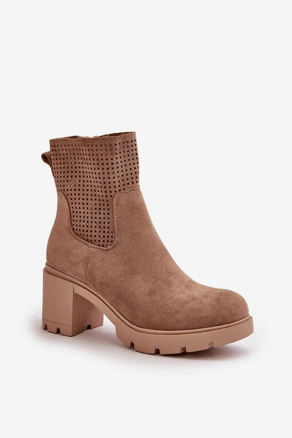 Bottes pour femme moderne élégante effet suède beige clair perforé talon carré 6cm mi-mollet fermeture éclair semelle végan quotidienne sophistication style confort