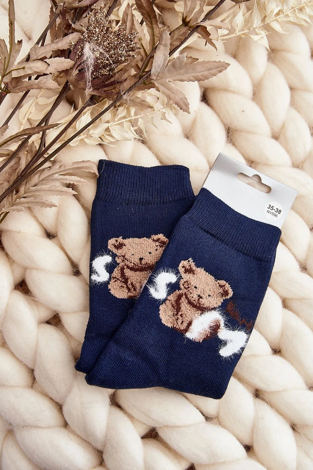 Chaussettes Step in style pour femmes, style élégant, motif ourson, tissu doux, confort optimal, couleur bleu marine, idéales pour les journées froides