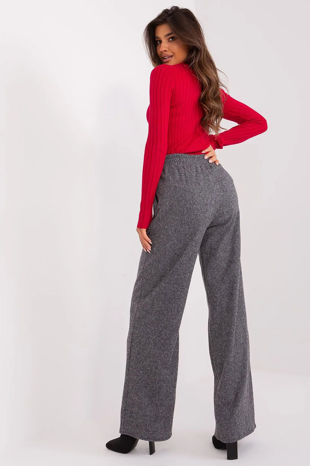 Pantalon femme Lakerta coupe large taille haute style chic tissu gris-noir matière coton élasthanne confortable occasion多种多様