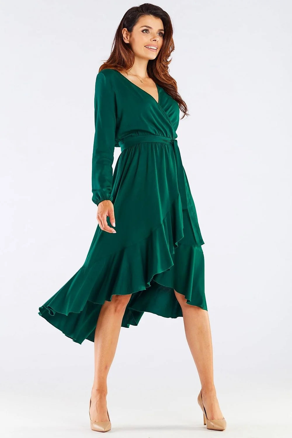 robe cocktail élégante viscose bordeaux portefeuille midi cintrée ceinture intégrée manches longues asymétrique volants cascade ourlet fluide léger