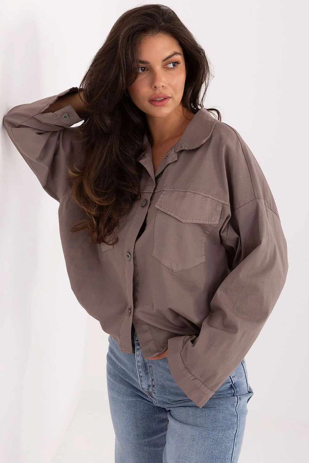 chemise femme manches longues coton stretch confortable respirante ajustée courte poches rabat taille élastique polyvalente décontractée élégante