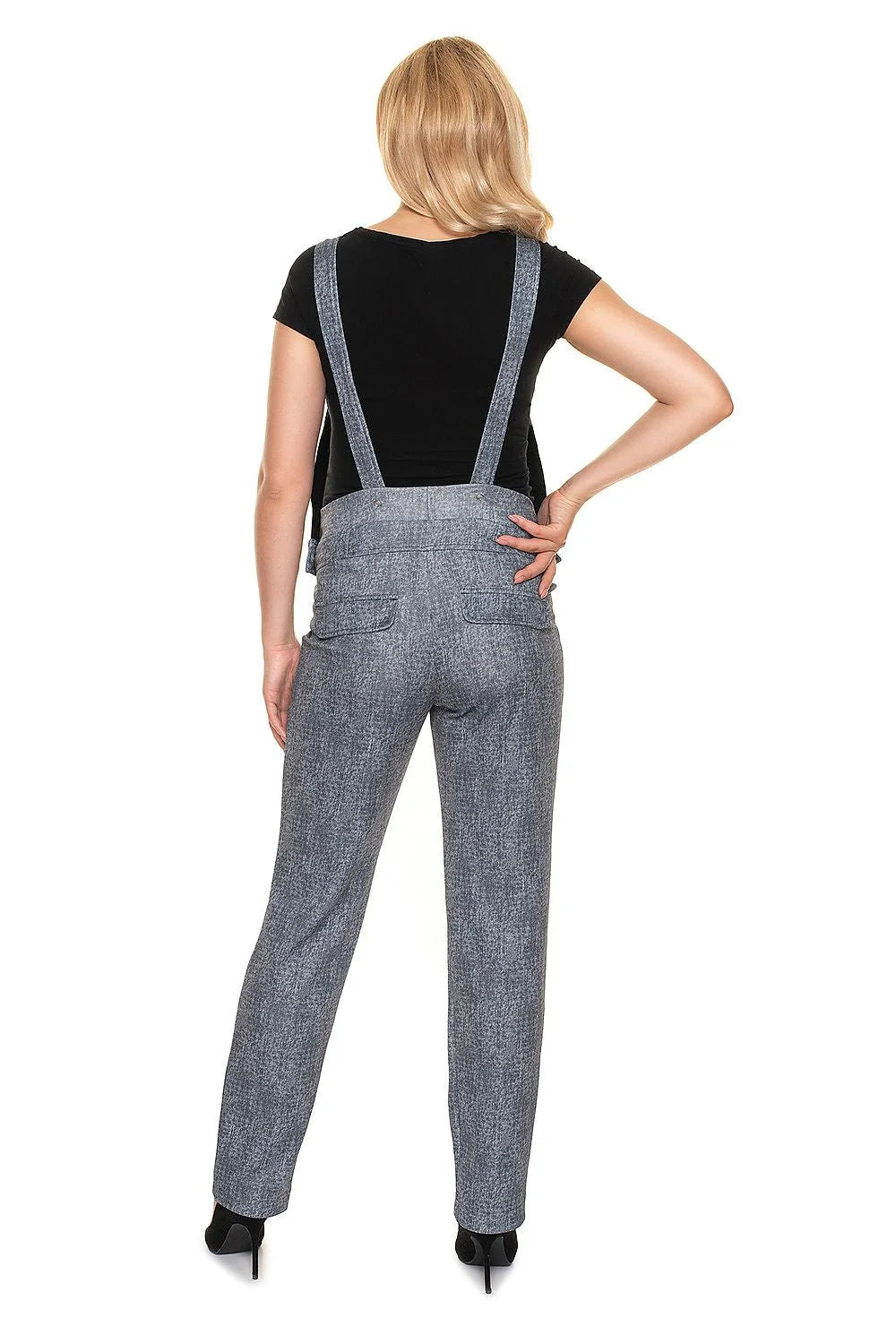 Salopette maternité polyester moderne décontractée ajustable noir-gris poches boutons confort style femme enceinte