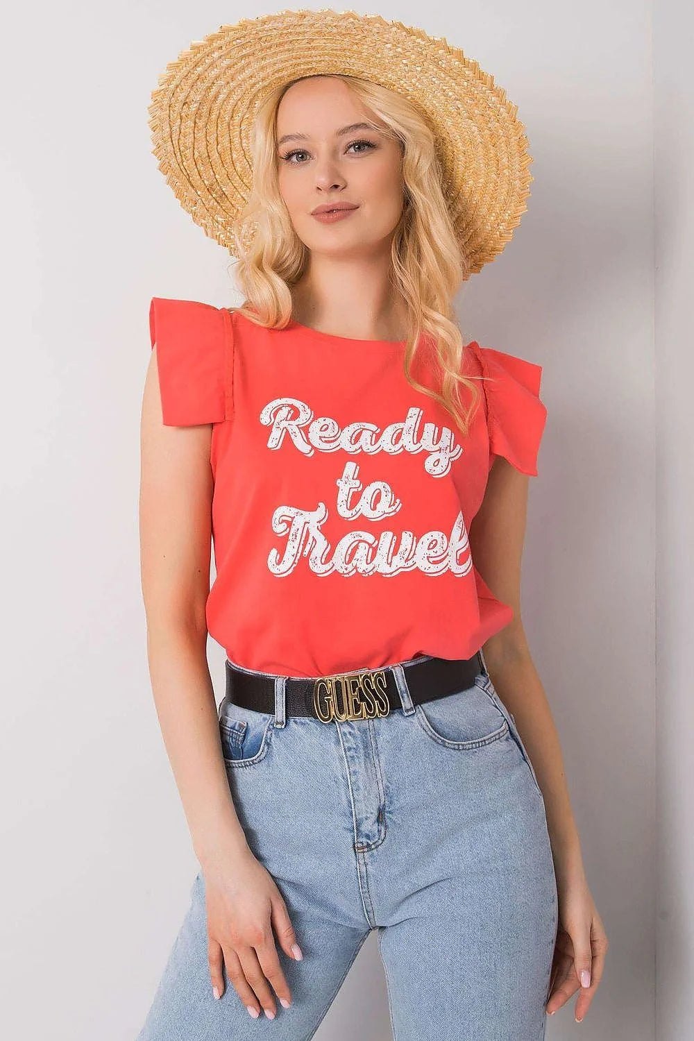 Top mode femme sans manches en coton graphique Ready to Travel ruffle neckline pastel yellow casual chic