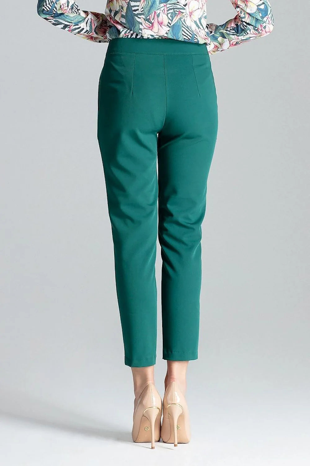 Pantalon femme cigarette 7/8 plis devant poches biais fermeture zip taille haute vert émeraude polyester viscose occasion professionnelle soirée